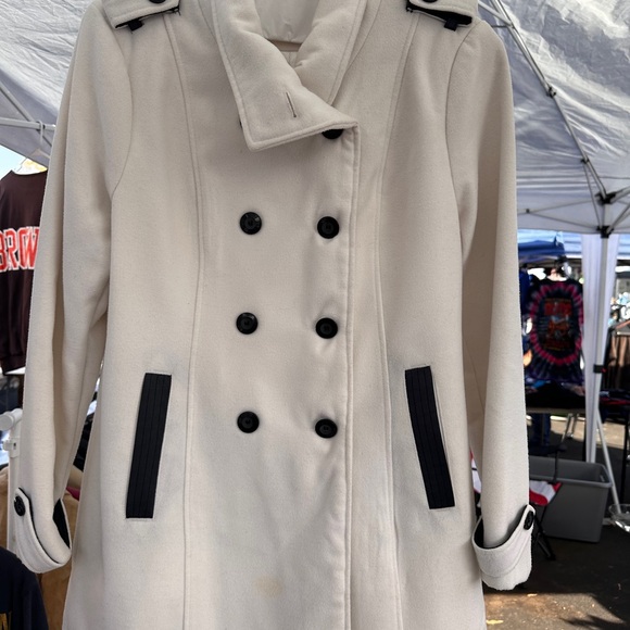 BCX Cream Double-Breasted Pea Coat with Black Accents - Picture 1 of 6